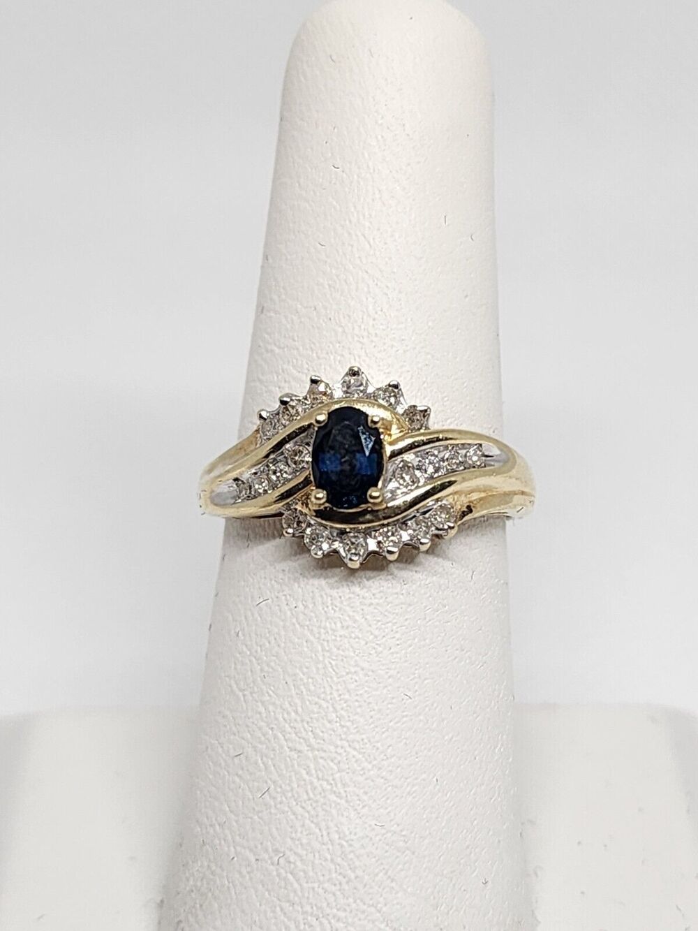 10K Yellow Gold Blue & White Sapphire Ring Size 6